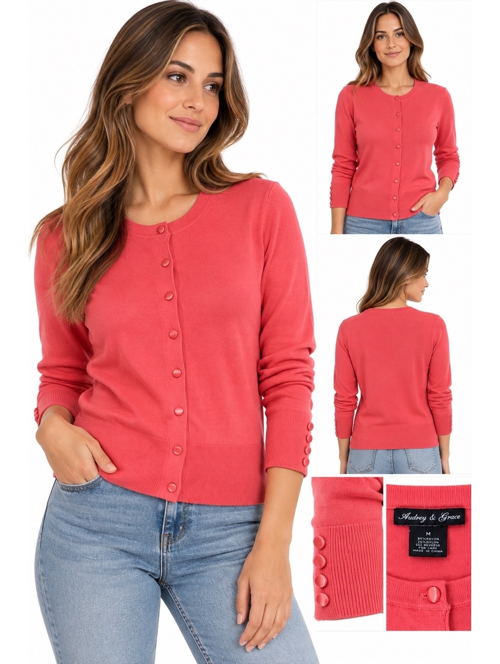 Audrey & Grace Coral Button-Up Cardigan Sweater Medium